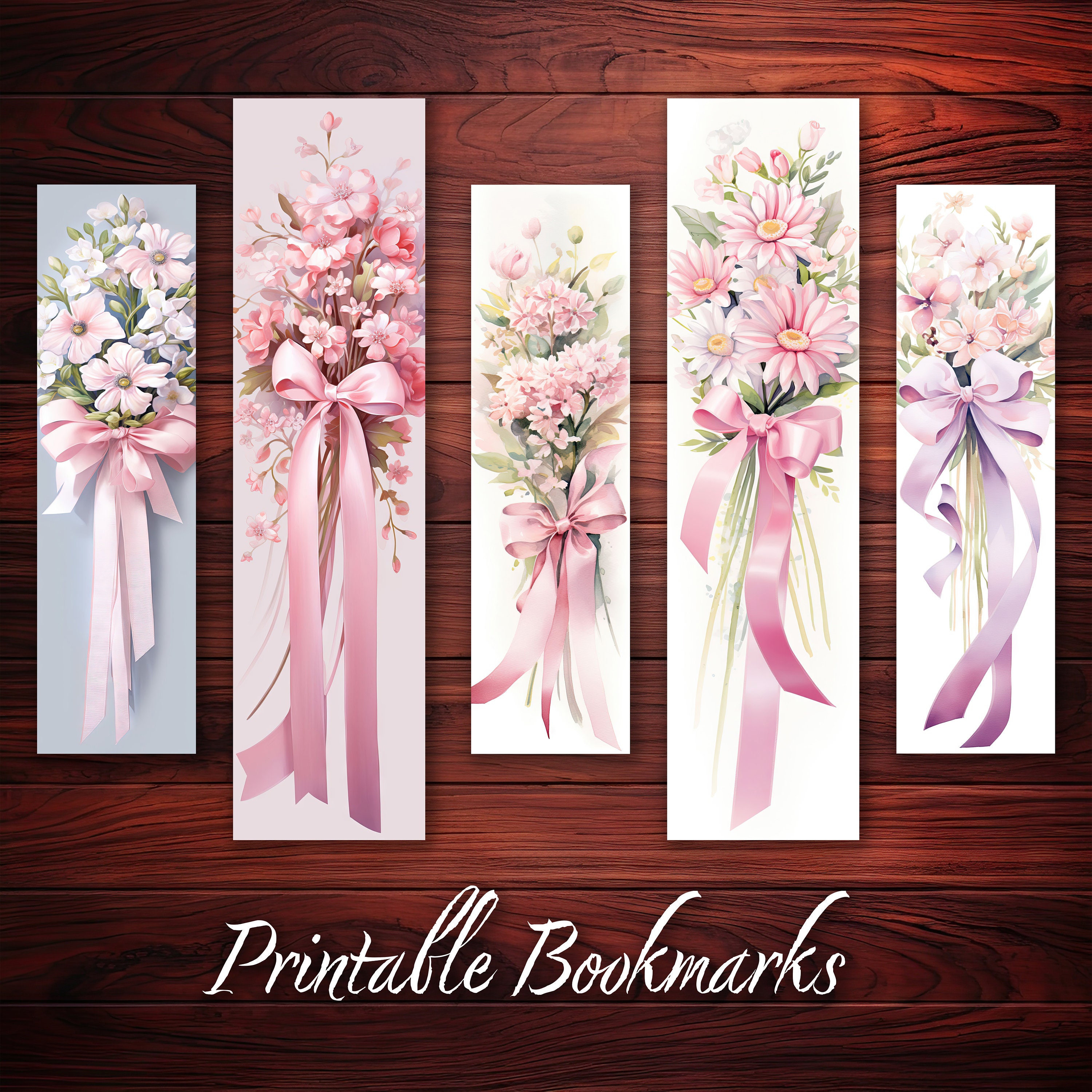 Pink Color Bookmark Pink Bow Ribbon Bookmark Digital Pink Flower Bookmark for Book Lover ...
