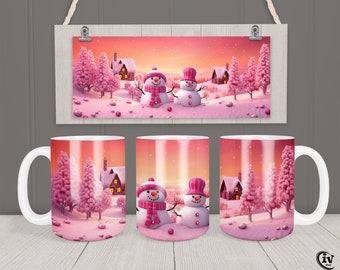 May include: White ceramic mug featuring a winter scene with two snowmen wearing pink hats and scarves, set against a pink and white landscape with houses and trees. The design is repeated on a framed print.