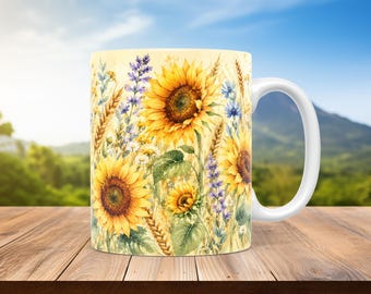 Sunflower Mug Wrap PNG Watercolor Floral Sublimation Design 11oz 15oz Coffee Mug Template Digital Download