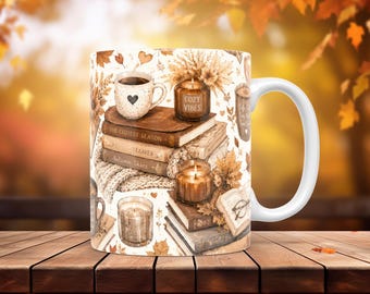 Book Lover Coffee Mug Wrap PNG with Autumn Leaves for Cozy Fall Reading 11oz 15oz Sublimation Template Digital Download