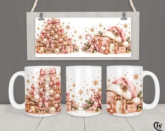 Christmas Mug Wrap PNG 11oz 15oz | Pink Watercolor Sublimation Design | Free Bookmark
