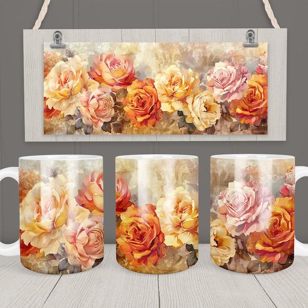 Junk Journal Mug Wrap 11oz 15oz Mug Template Rose Sublimation Design Instant Digital Download PNG DIY Deco Rustic Vintage Mug + Free Gift