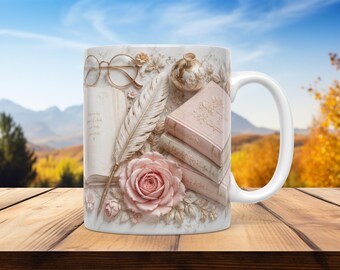3D Book Lover Mug Wrap PNG Sublimation Design 11oz 15oz Cottagecore Reading Coffee Mug Pink Roses Template Digital Download
