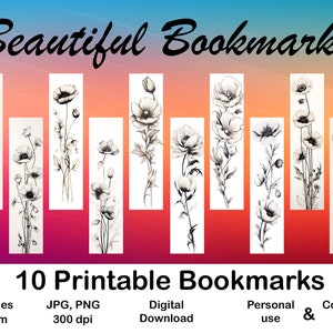 May include: Ten printable bookmarks featuring black and white illustrations of poppy flowers. The bookmarks are 1.7 inches by 7 inches, or 4.5 cm by 18 cm, and are available in JPG and PNG formats at 300 dpi. The bookmarks are for personal and commercial use.
