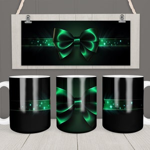 Bow Mug Wrap 11oz & 15oz Mug Template Green Bow and Ribbon Mug Sublimation Design Instant PNG Download Coffee Mug Design + Free gift