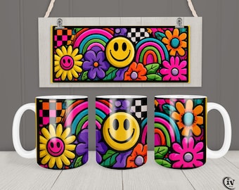 Smiley Face Mug Wrap PNG Retro Rainbow Floral Sublimation Design 11oz 15oz Coffee Mug Template Digital Download