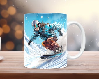 Snowboarder Coffee Mug Wrap 11oz & 15oz Sublimation Dynamic Sports Design PNG Instant Download Gift for Winter Sport Lovers + Free Gift