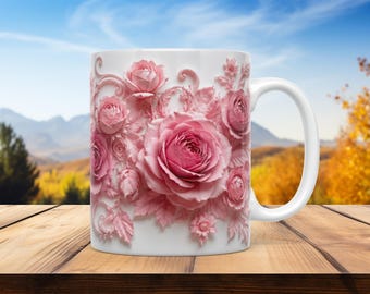 3D Pink Rose Mug Wrap PNG Sublimation Design 11oz 15oz Romantic Floral Coffee Mug Template Digital Download