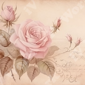 Può includere: Un'illustrazione in stile vintage di una rosa rosa con foglie e boccioli marroni su uno sfondo beige con testo scritto a mano.