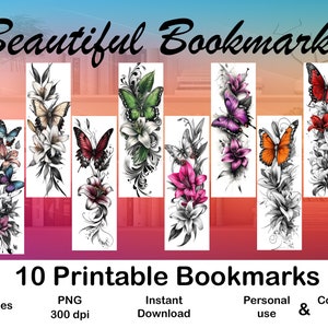 Butterfly & Lily Flower Tattoo Printable Bookmark Set of 10 DIY ...