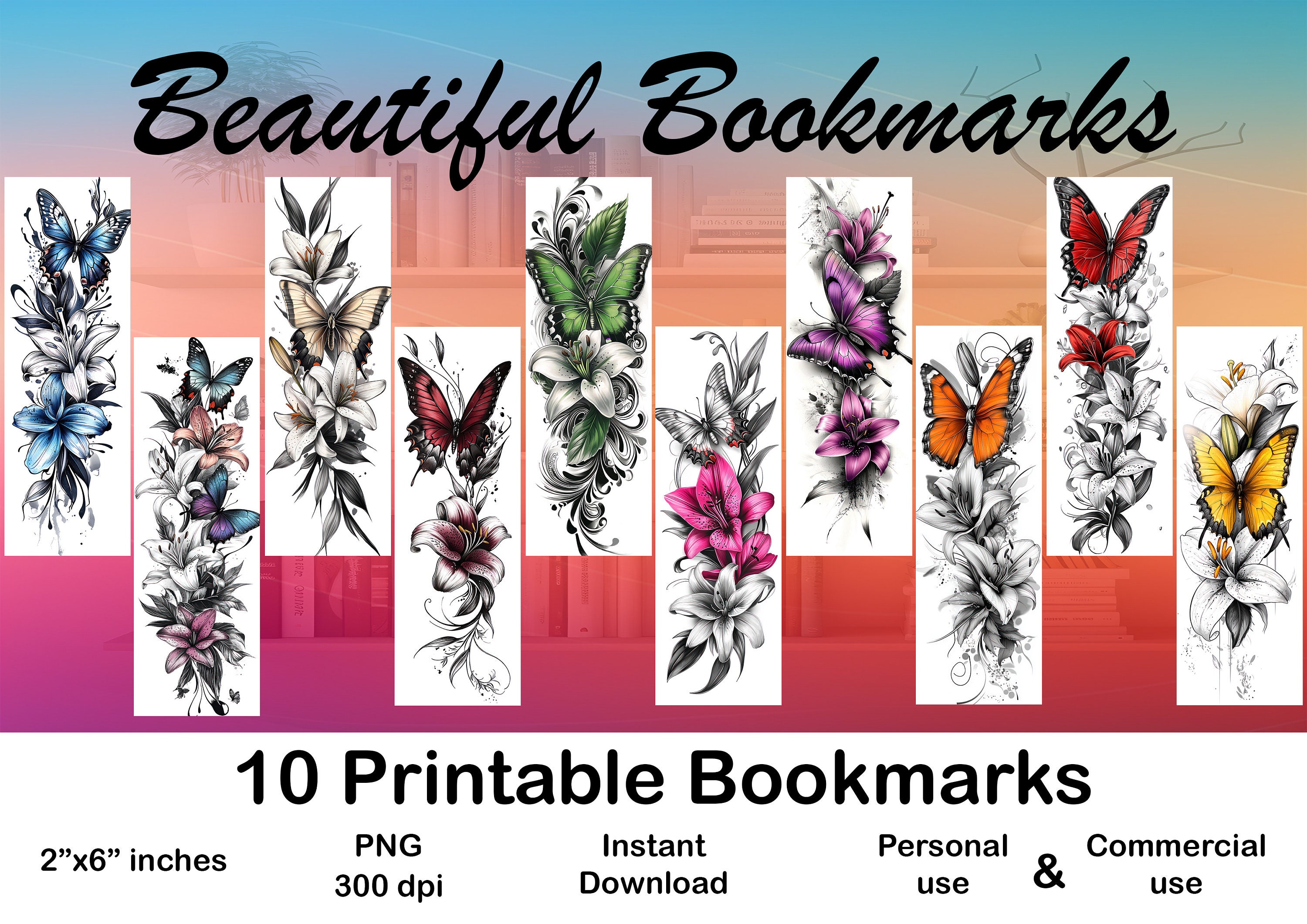 Butterfly & Lily Flower Tattoo Printable Bookmark Set of 10 DIY ...
