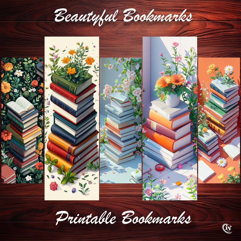 Floral Book Stack Bookmark Printable Set of 10 for Book Lover or Reader ...