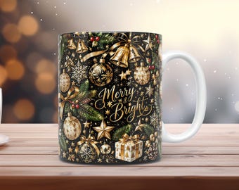 Luxuriöse Weihnachtstassenfolie (PNG, Schwarz/Goldene Ornamente, 11 oz/15 oz, Sublimation)