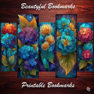 May include: Five floral bookmarks with vibrant colors, including blue, purple, orange, and yellow flowers. The bookmarks have a stained-glass effect, with the words "Beautiful Bookmarks" and "Printable Bookmarks" at the top and bottom.