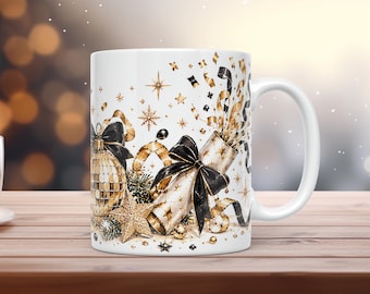 New Year Mug Wrap PNG 11oz 15oz Black Gold Champagne Watercolor Party Sublimation Design