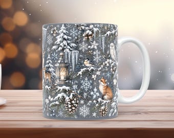 Winterzauber-Tassenfolie (PNG, 11 oz, 15 oz), Grau, Aquarell, Waldmotiv, Sublimation