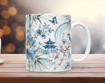 Blue Floral Bird Mug Wrap PNG Chinoiserie Sublimation Template 11oz 15oz Coffee Mug Design Digital Download
