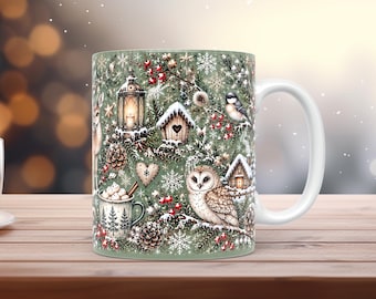 Märchenhafte Winter-Tassenhülle (PNG, 11 oz, 15 oz), grünes Waldmotiv, Aquarell-Sublimation