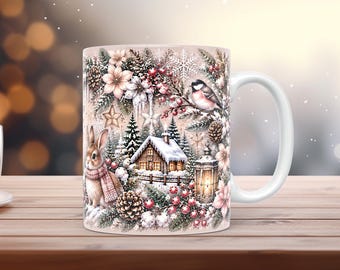 Schneehasen-Tassenmanschette (PNG, 11 oz, 15 oz), Winter, Aquarell-Sublimation