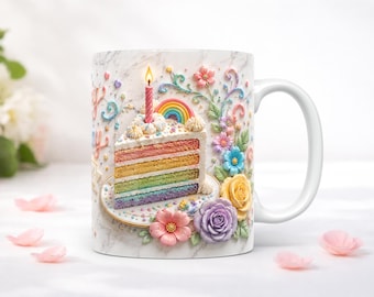 Birthday Mug Wrap PNG 3D Pastel Cake Balloon Sublimation Design 11oz 15oz Coffee Mug Template Digital Download