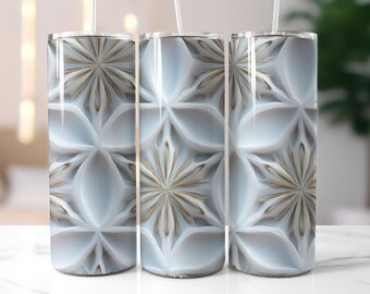 Luxury White 3D Floral Tumbler Wrap PNG 20oz 30oz Skinny Elegant Seamless Straight Tapered Design