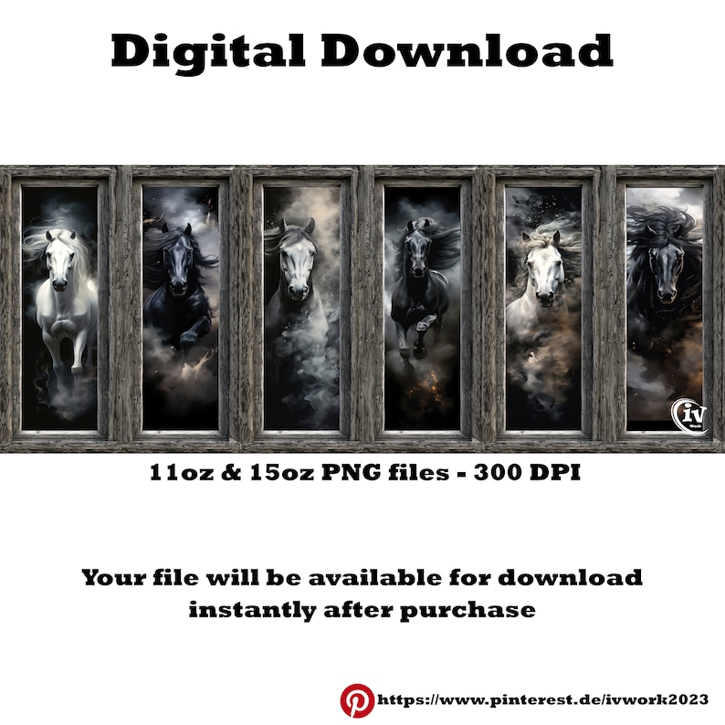 Puede incluir: Descarga digital de seis im&aacute;genes con caballos negros y blancos corriendo por un cielo tormentoso. Las im&aacute;genes est&aacute;n enmarcadas en un marco de madera r&uacute;stico. Las im&aacute;genes est&aacute;n disponibles en archivos PNG de 11oz y 15oz a 300 DPI.