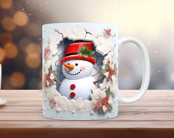 3D-Schneemann Mug Wrap 11oz & 15 Unzen Becher Vorlage 3D Weihnachtsbecher Sublimation Design Sofortiger Download 3D-Schneemann Kaffeebecher Wrap + Gratis Geschenk