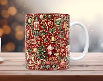 Vintage Weihnachtsbecher-Folie (PNG, 11 oz, 15 oz), Nussknacker, Rot, Aquarell, Festtags-Sublimation