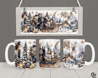 Christmas Mug Wrap PNG 11oz 15oz Navy Blue Gold Sleigh Reindeer Sublimation