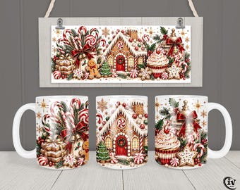 Christmas Mug Wrap PNG 11oz 15oz Gingerbread House Candy Cane Sublimation Design