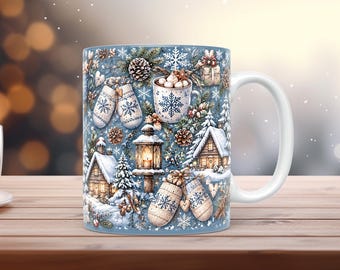 Gemütliche Winter-Tassenhülle (PNG, 11 oz, 15 oz), verschneite Hütte, Aquarell-Sublimation