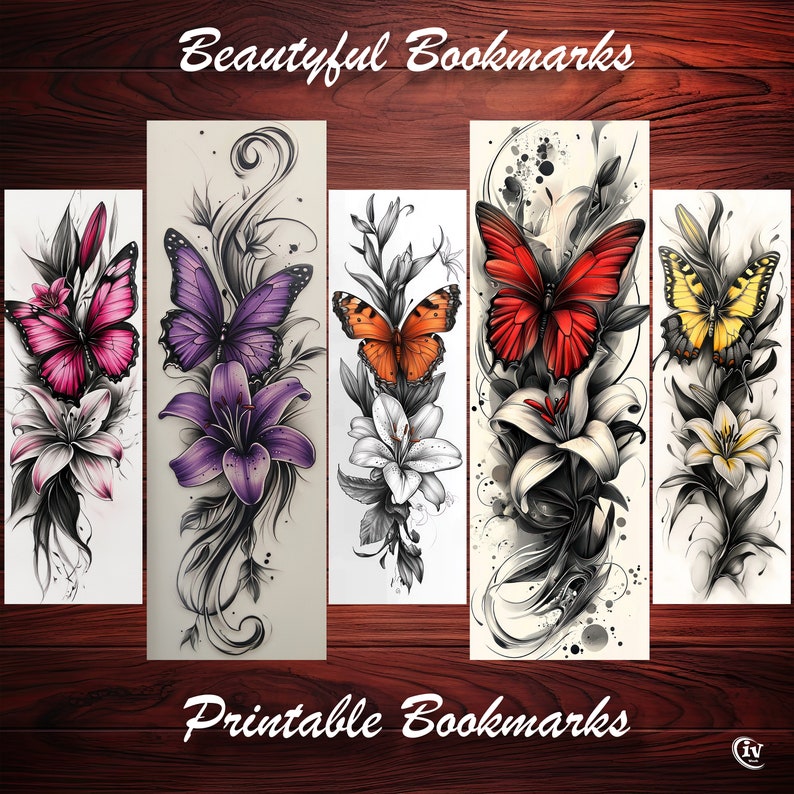 Tattoo Butterfly & Lily Flower Bookmark Set of 10 Beautiful Printable ...