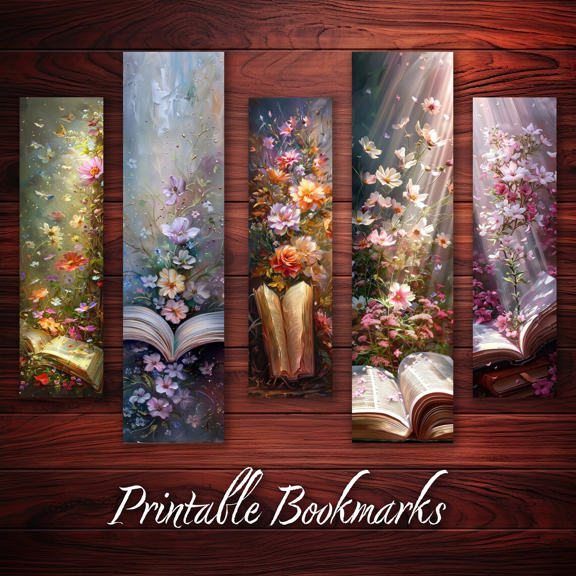 Bookmark Printable Set of 10 Open Book With Blooming Flowers Beautiful ...