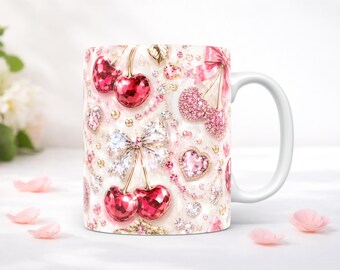 Pink Cherry Mug Wrap PNG Coquette Glam Sublimation Design 11oz 15oz Coffee Mug Template Digital Download
