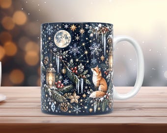 Verzauberte Winter-Tassenmanschette (PNG, 11 oz, 15 oz, Marineblau, Aquarell, Sublimation)