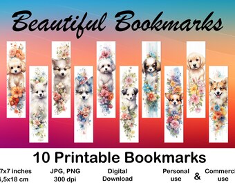 10 X Bookmarks digital for Booklovers Printable Bookmark set digital Bookmark gift for Dog Lover print Bookmark Watercolor Puppy Lover Kids