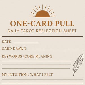 Op de afbeelding: Een beige tarot reflectieblad met bruine tekst "ONE-CARD PULL" en "DAILY TAROT REFLECTION SHEET". Het bevat lijnen voor datum, getrokken kaart, trefwoorden, intuïtie, toepassing en stemming. Decoratieve elementen zijn een zon, veer en cactus.