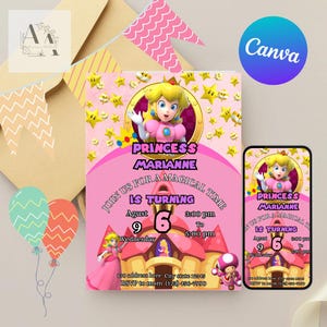Mario Bros Einladung, Super Mario Geburtstagseinladung, Super Sister Girl Einladung, Videospiel, Kindereinladung, bearbeitbare Vorlage, bearbeitbares Canva