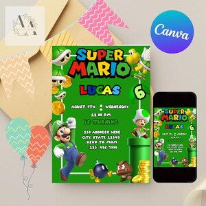 Mario Bros Einladung, Super Mario Geburtstagseinladung, Super Brothers Junge Einladung, Videospiel, Kindereinladung, bearbeitbare Vorlage, bearbeitbares Canva