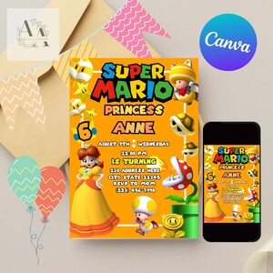 Invitation Mario Bros, Invitation d’anniversaire Super Mario, Invitation garçon Super Brothers, Jeu vidéo, Invitation enfant, Modèle modifiable, Canva modifiable