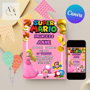 Mario Bros Einladung, Super Mario Geburtstagseinladung, Super Sister Girl Einladung, Videospiel, Kindereinladung, bearbeitbare Vorlage, bearbeitbares Canva