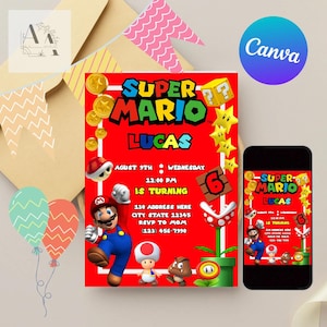 Mario Bros Invitation, Super Mario Birthday Invitation, Super Brothers boy Invite, Video Game, Kid Invite, Editable Template, Editable Canva