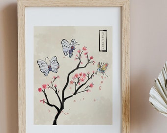 Vintage Kirschblüten Pokemon Poster. Butterfreier Pokemon Druck, japanischer traditioneller Kunstdruck für Zuhause.