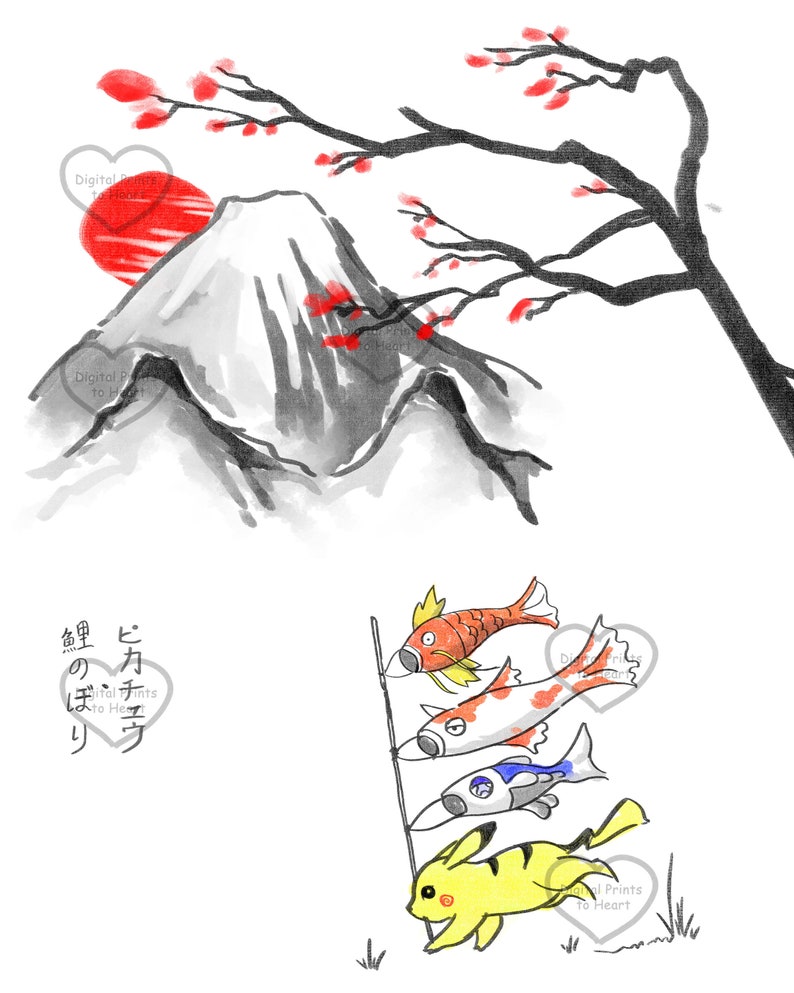 K&ouml;nnte beinhalten: Ein Aquarellbild des Mount Fuji mit einer roten Sonne, die hinter ihm aufgeht. Ein Kirschbl&uuml;tenzweig mit rosa Bl&uuml;ten h&auml;ngt &uuml;ber dem Berg. Darunter rennt ein gelber Pikachu auf einen Pfahl zu, an dem drei bunte Koi-Fisch-Drachen befestigt sind.