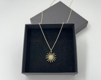 14K Gold Sun Necklace-  14K Gold Necklace , 14K Gold Plated Sun Pendant with Zircon • Elegant • Gift for her •