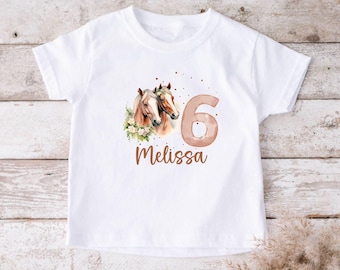 Pferd T-Shirt Pullover für Mädchen personalisiert mit Name & Zahl, Geburtstagsshirt Kinder 3 4 5 6 7 8 Jahre Pferde Geburtstag Shirt Langarm