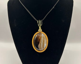 Hand-crafted Natural Banded Agate Gemstone Necklace Pendant sealed in natural Cherry Wood Bezel