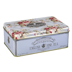 May include: A blue and white striped tin box with a floral design and gold trim. The box contains 100 tea bags of English Fine Tea, English Tea Selection. The box is labeled "New English Teas".