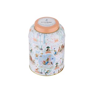 May include: A decorative tea tin with a peach-coloured lid, featuring the text "Peter Rabbit." The tin is adorned with a whimsical forest scene with rabbits, squirrels, and other woodland creatures. The words "English Breakfast Tea" are also visible.