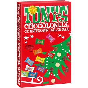 May include: A red Tony's Chocolonely Countdown Calendar box with green text and a Christmas tree design. The box features a 24-day countdown with tiny Tony's chocolate bars in various colours. The text on the box reads "ho ho ho, it's a hit!"